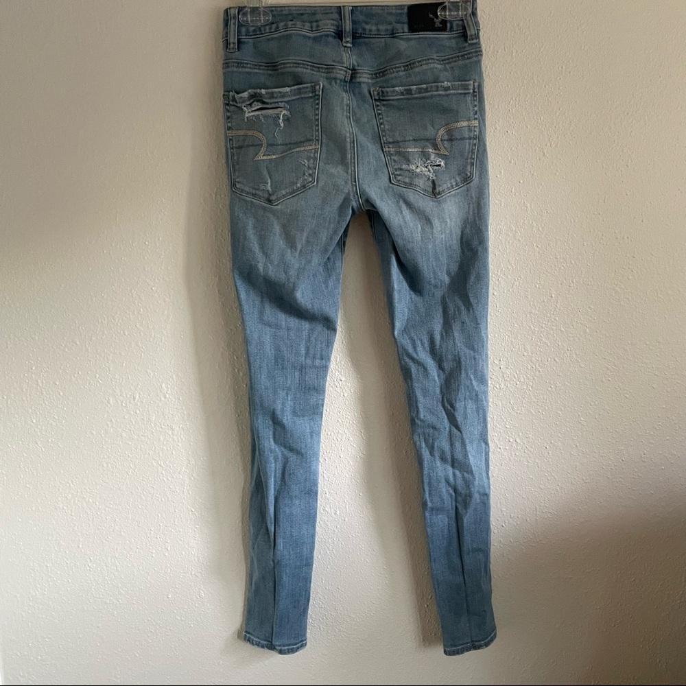 American Eagle Jeggings Super Stretch High Rise Skinny Light Wash Distressed - Picture 8 of 11